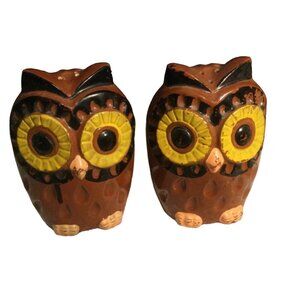 Owl Salt and Pepper Shaker Set- brown/ yellow Large 4.5 inches